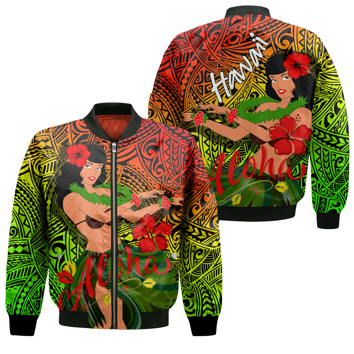 Hawaii Hula Girl Reggae Bomber Jacket - LT2 Unisex REGGAE - Polynesian Pride
