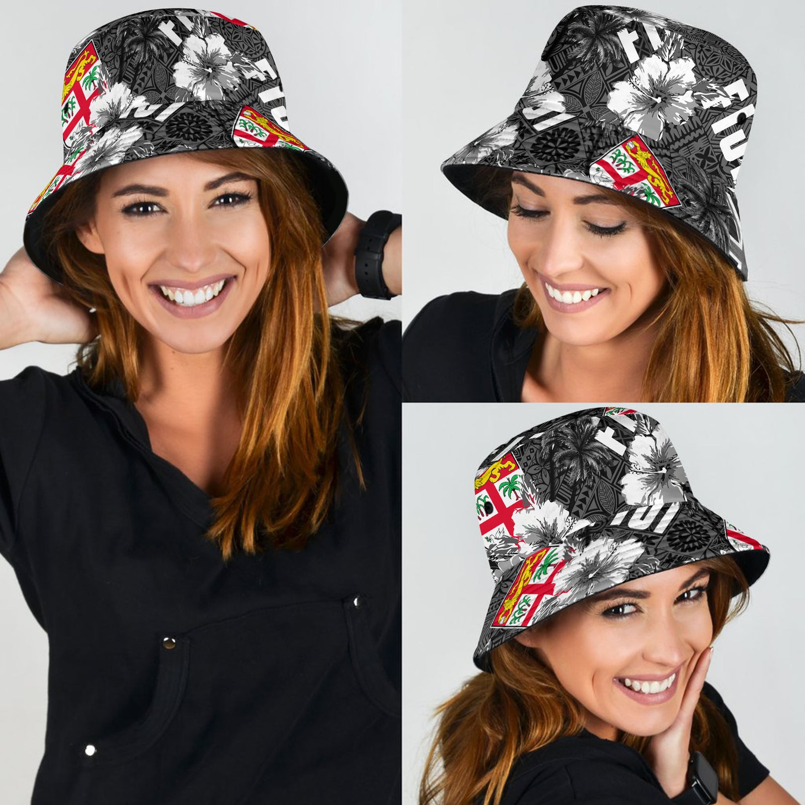 Fiji Hibiscus Bucket Hat Hawaii Style No.3 LT6 Unisex Universal Fit Black - Polynesian Pride