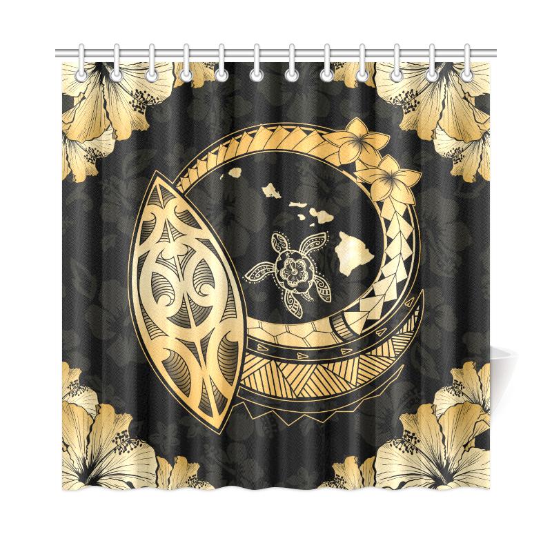 Hawaii Hibiscus Map Hidden Polynesian Gold Turtle Shower Curtain - Polynesian Pride