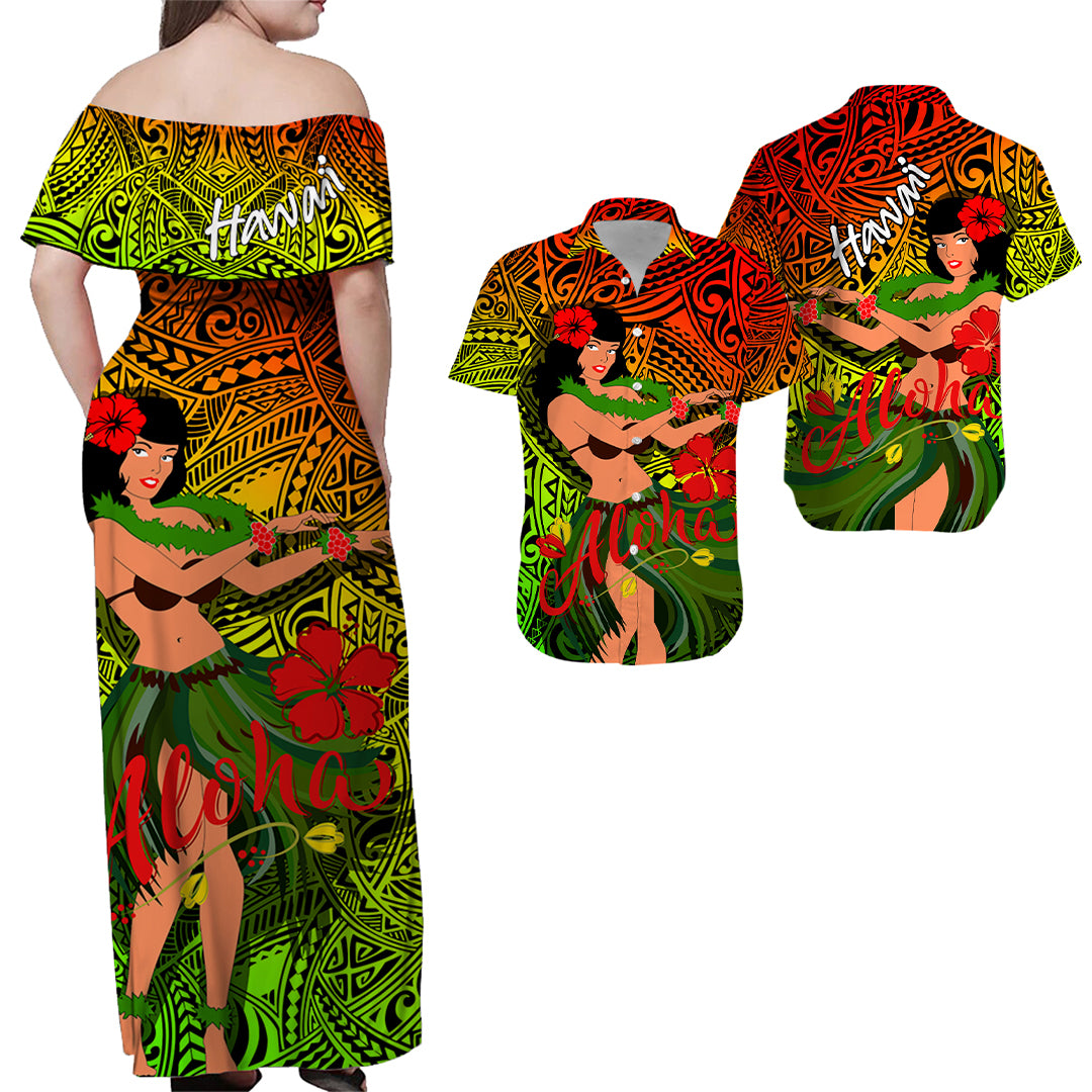Polynesian Couple Outfits Hawaii Hula Girl Reggae Matching Dress and Hawaiian Shirt LT2 REGGAE - Polynesian Pride