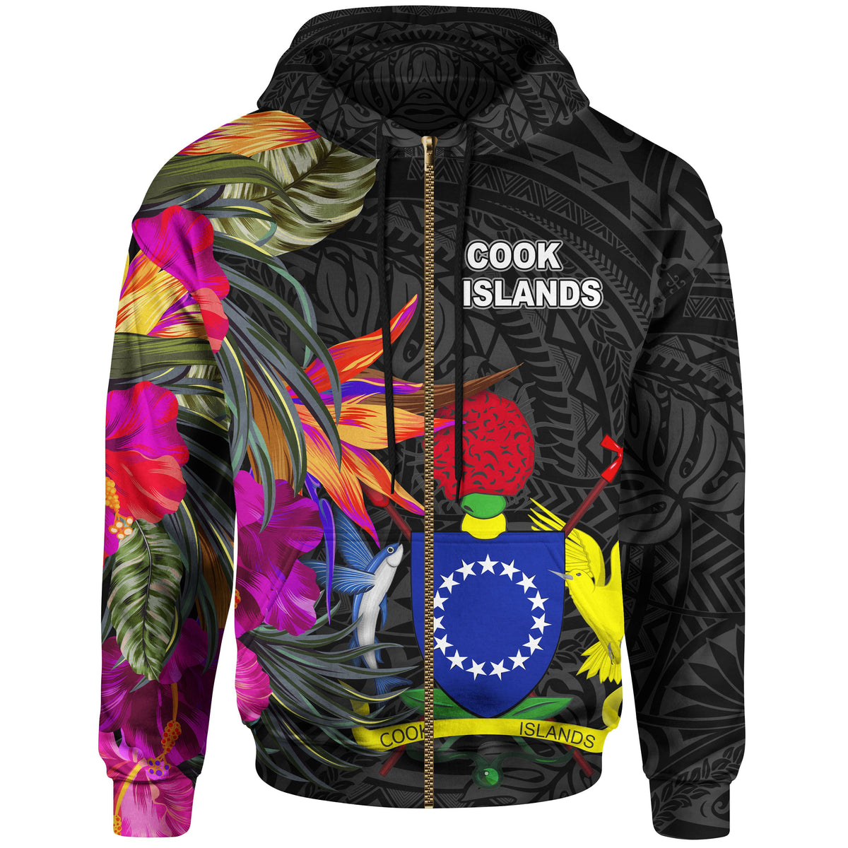 Cook Islands Zip up Hoodie Polynesian Hibiscus Pattern Unisex Black - Polynesian Pride