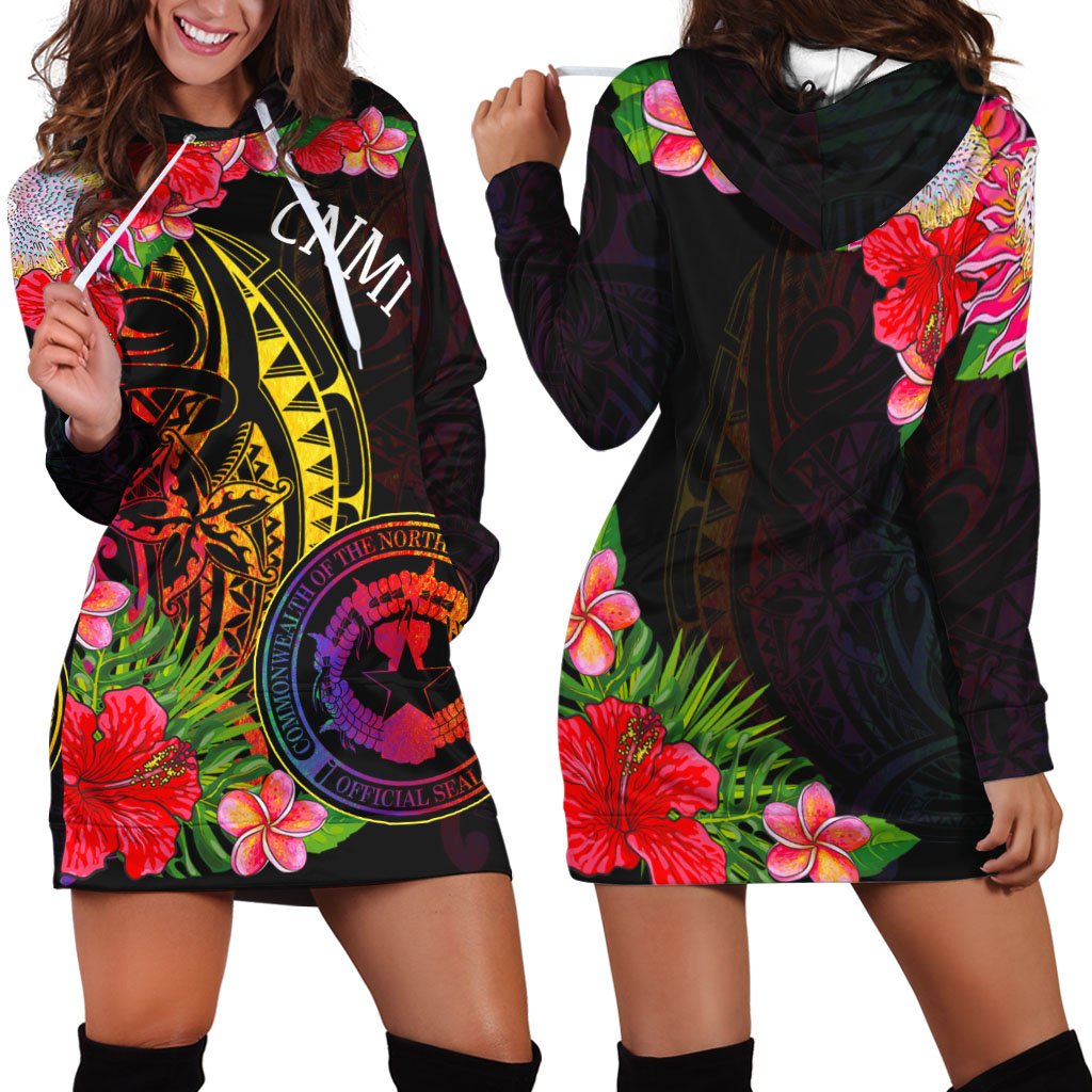 Northern Mariana Islands Hoodie Dress - Tropical Hippie Style Black - Polynesian Pride