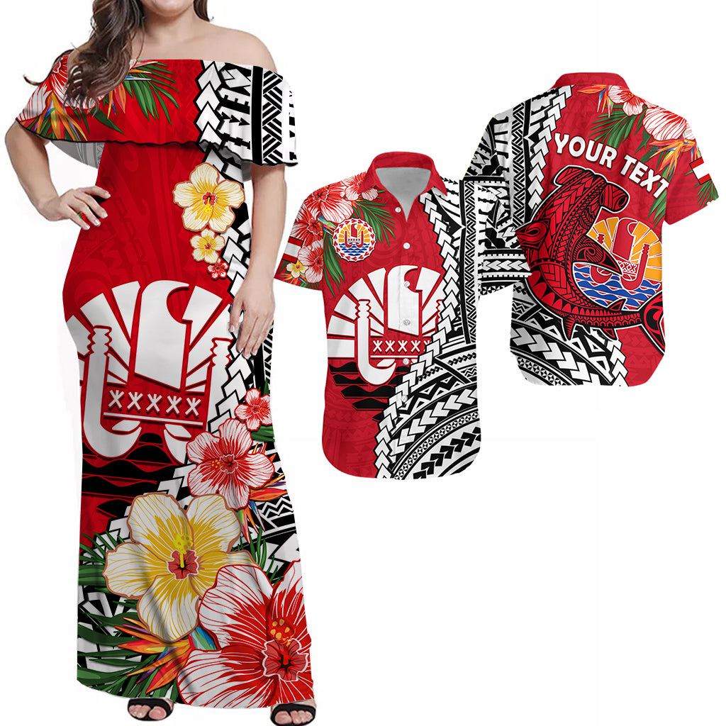 Custom Tahiti Islands Matching Dress and Hawaiian Shirt Polynesian Shark Mix Tropical Flowers LT14 Red - Polynesian Pride