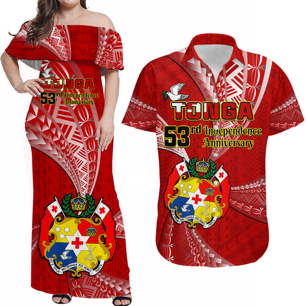Custom Tonga Matching Dress and Hawaiian Shirt Happy 53rd Independence Anniversary Tongan Pattern LT14 Red - Polynesian Pride