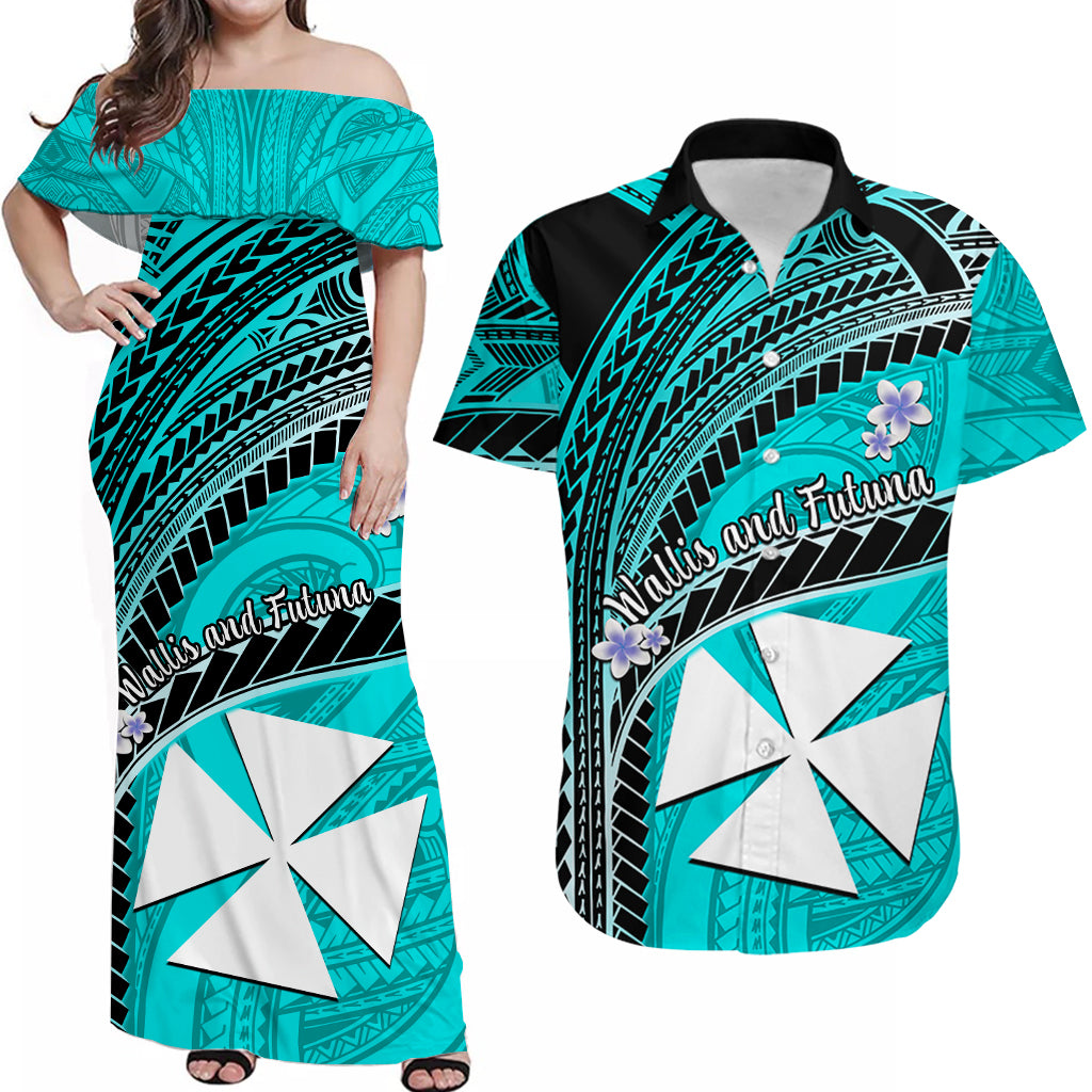 Custom Wallis And Futuna Matching Dress and Hawaiian Shirt Plumeria Flowers with Turquoise Polynesian Pattern LT14 Turquoise - Polynesian Pride