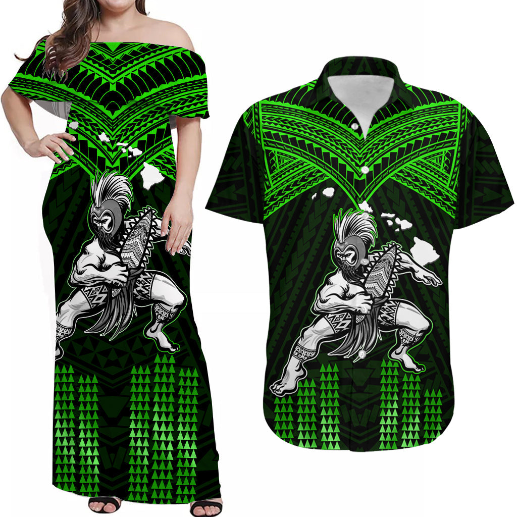Custom Polynesian Couple Outfits Matching Hawaiian Warrior with Weapon Polynesian Tribal Dress And Shirt Ver.03 LT14 Green - Polynesian Pride