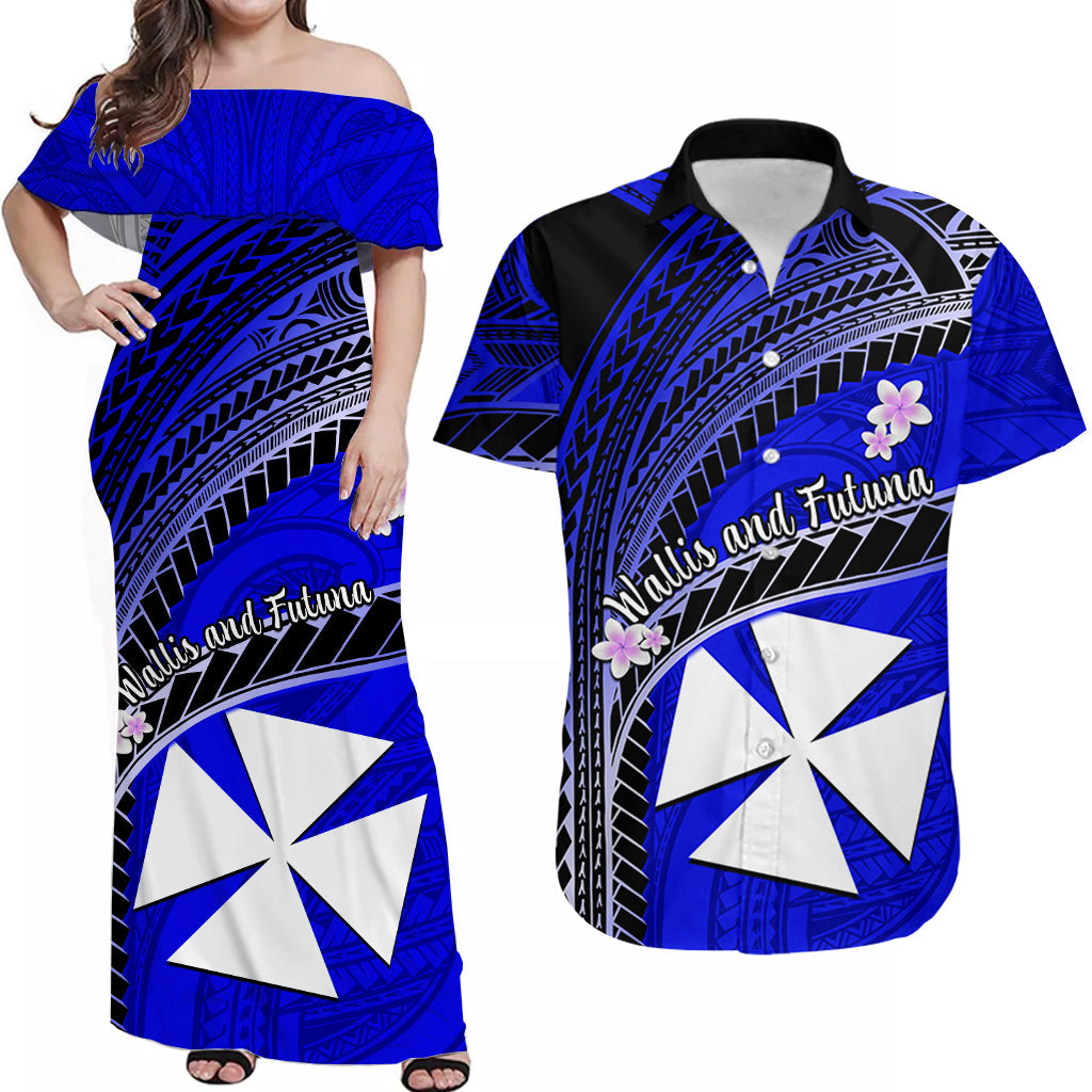 Custom Wallis And Futuna Matching Dress and Hawaiian Shirt Plumeria Flowers with Blue Polynesian Pattern LT14 Blue - Polynesian Pride