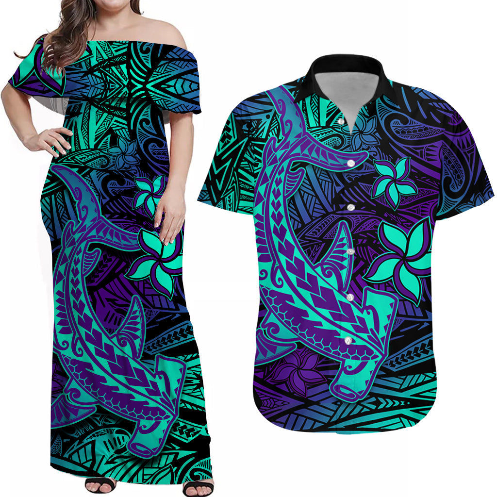 Custom Polynesian Couple Outfits Dress And Hawaiian Shirt Purple Paradise Hawaiian Tribal Hammerhead Shark LT14 Purple - Polynesian Pride