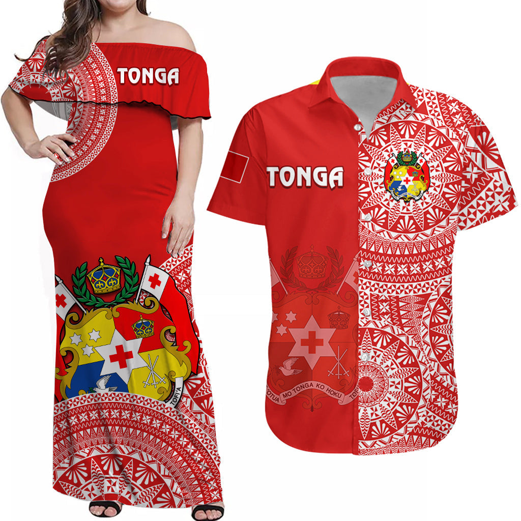 (Custom Text And Number) Tonga Matching Dress and Hawaiian Shirt Tongan Coat Of Arms Ngatu Pattern LT14 Red - Polynesian Pride