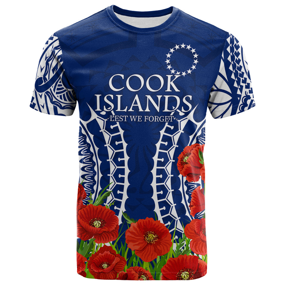 Cook Islands Anzac T Shirt Lest We Forget Polyneisnan Tribal Pattern Poppy Flower Unisex Blue - Polynesian Pride