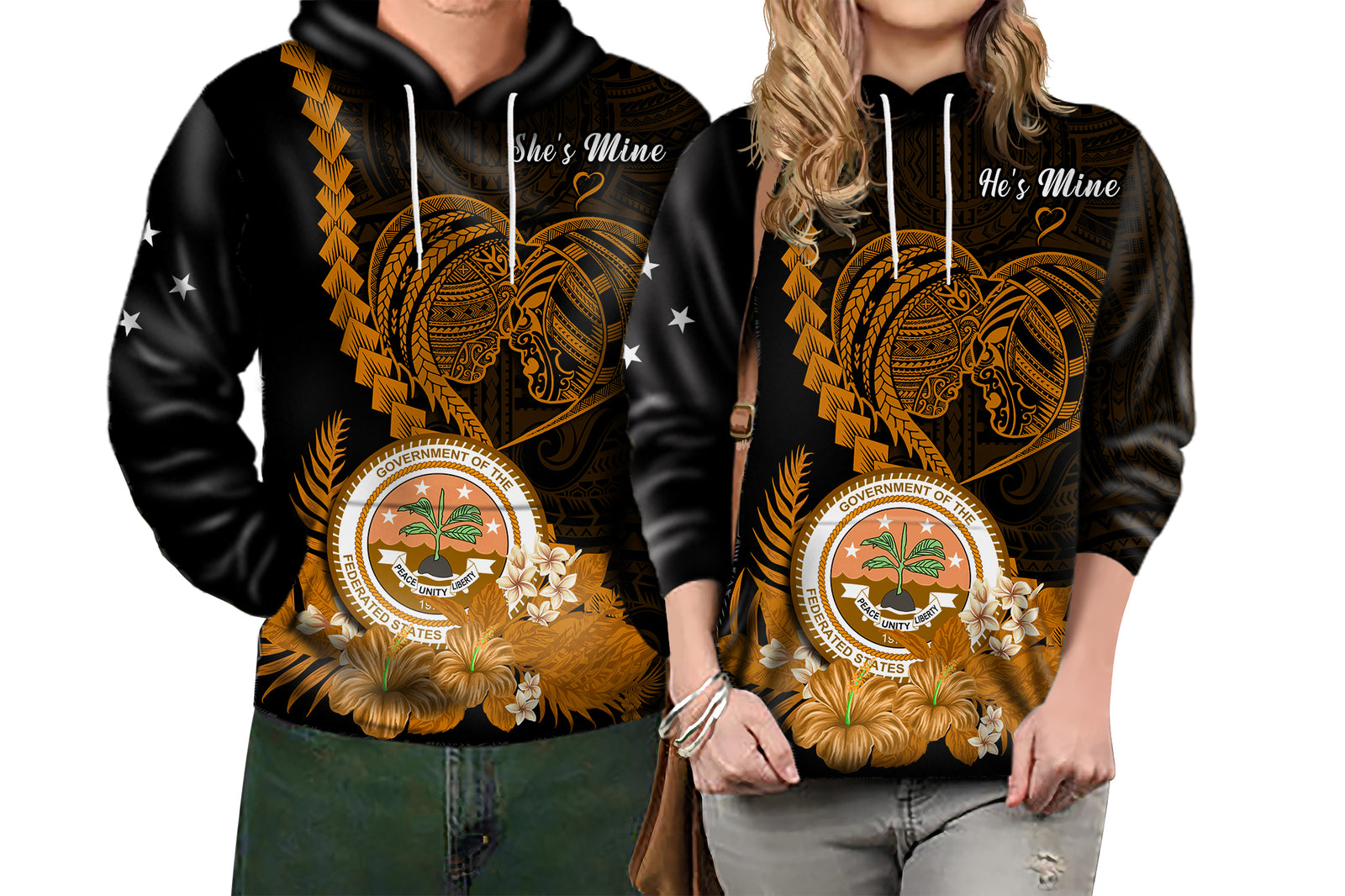 Custom FSM Valentine Couple Hoodie Heart Love Tropical Flowers Gold LT14 - Polynesian Pride