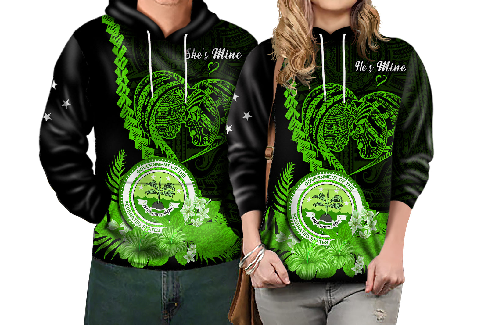 Custom FSM Valentine Couple Hoodie Heart Love Tropical Flowers Green LT14 - Polynesian Pride