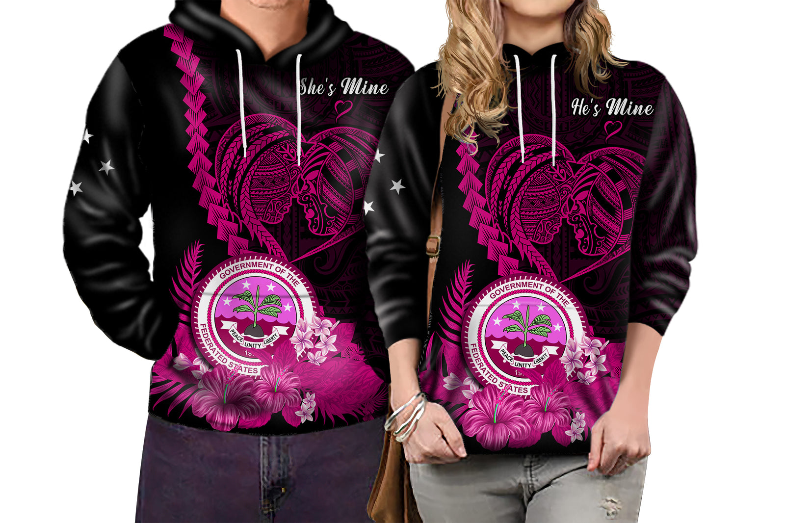 Custom FSM Valentine Couple Hoodie Heart Love Tropical Flowers Pink LT14 - Polynesian Pride