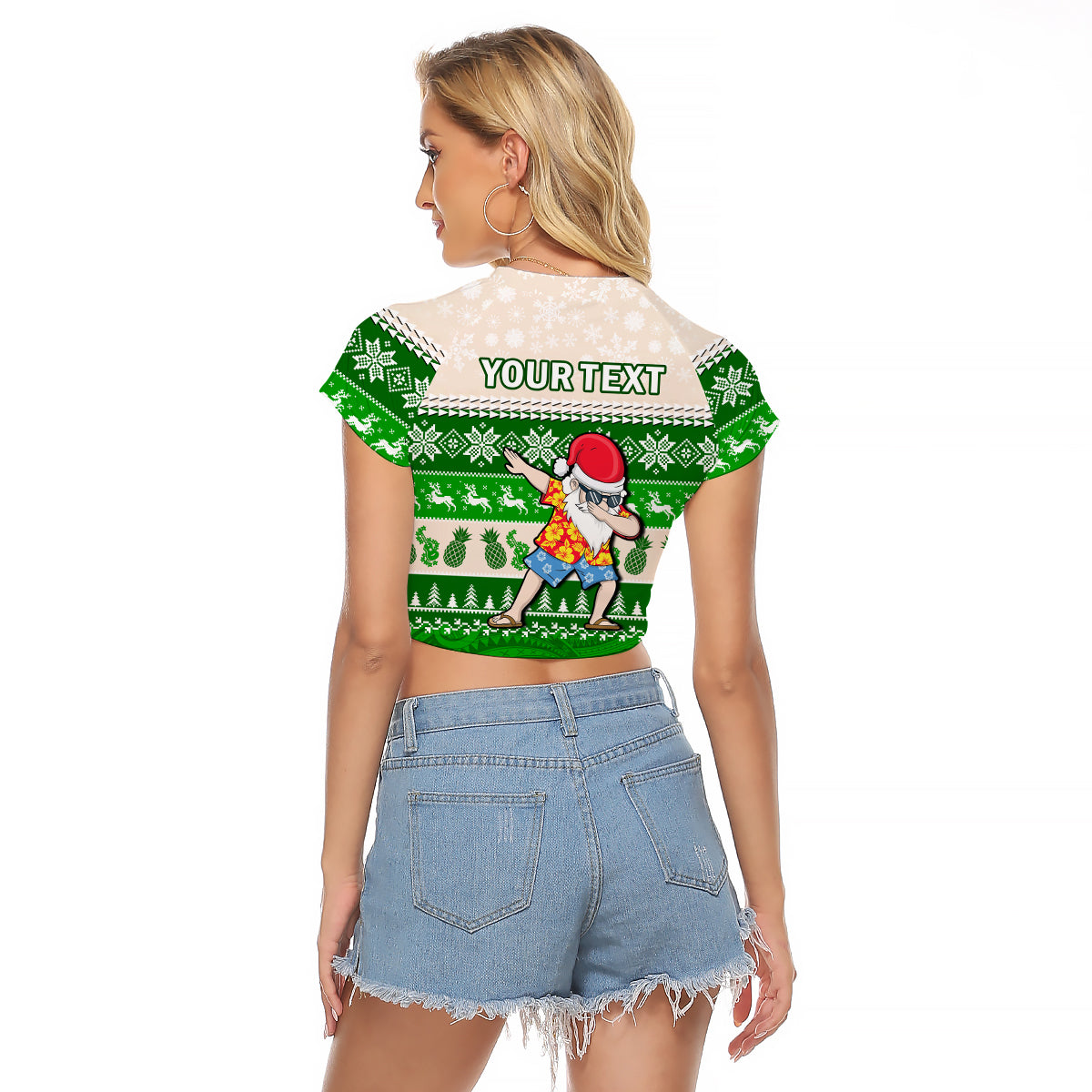 (Custom Personalised) Hawaii Mele Kalikimaka Raglan Cropped T Shirt Dabbing Santa Green Merry Christmas LT14 - Polynesian Pride