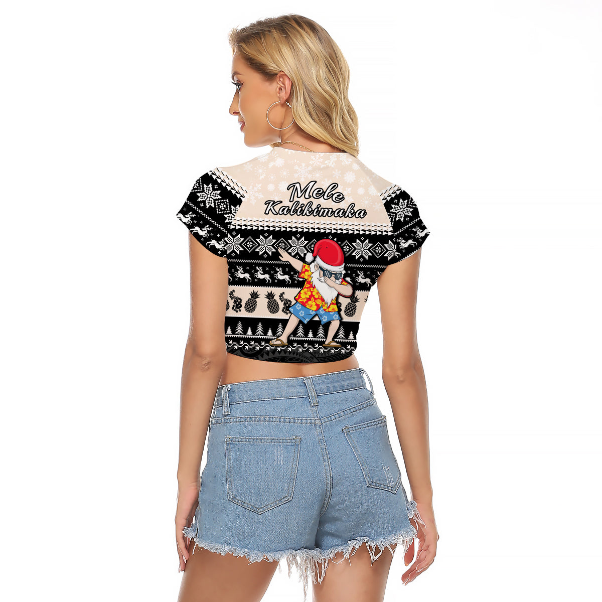 Hawaii Mele Kalikimaka Raglan Cropped T Shirt Dabbing Santa Black Merry Christmas LT14 - Polynesian Pride