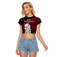 New Zealand Christmas Raglan Cropped T Shirt Hei Tiki Red Pohutukawa Meri Kirihimete LT14 Female Red - Polynesian Pride