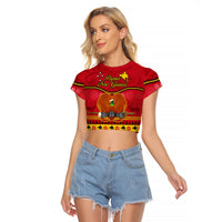 Papua New Guinea Christmas Raglan Cropped T Shirt Bird Of Paradise Bikpela Hamamas Blong Dispela Krismas LT14 Female Red - Polynesian Pride
