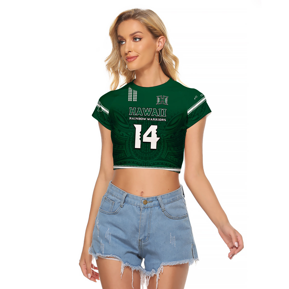 (Custom Text And Number) Hawaii Football Raglan Cropped T Shirt Kakau Rainbow Warriors Helmet Go Bows LT14 Female Green - Polynesian Pride