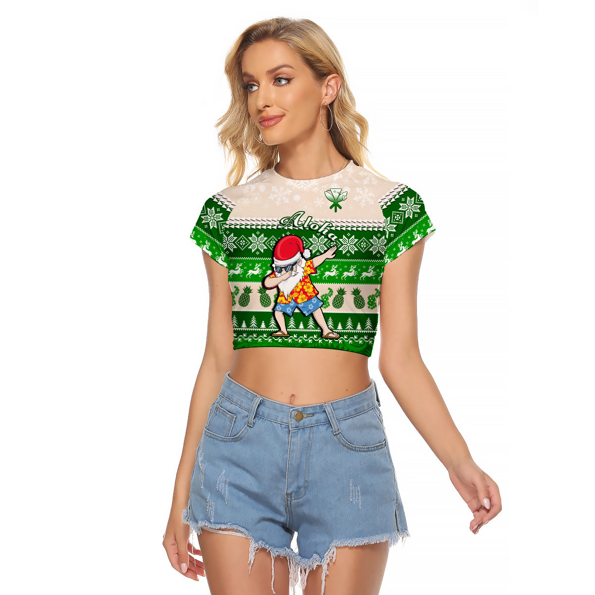 (Custom Personalised) Hawaii Mele Kalikimaka Raglan Cropped T Shirt Dabbing Santa Green Merry Christmas LT14 Female Green - Polynesian Pride
