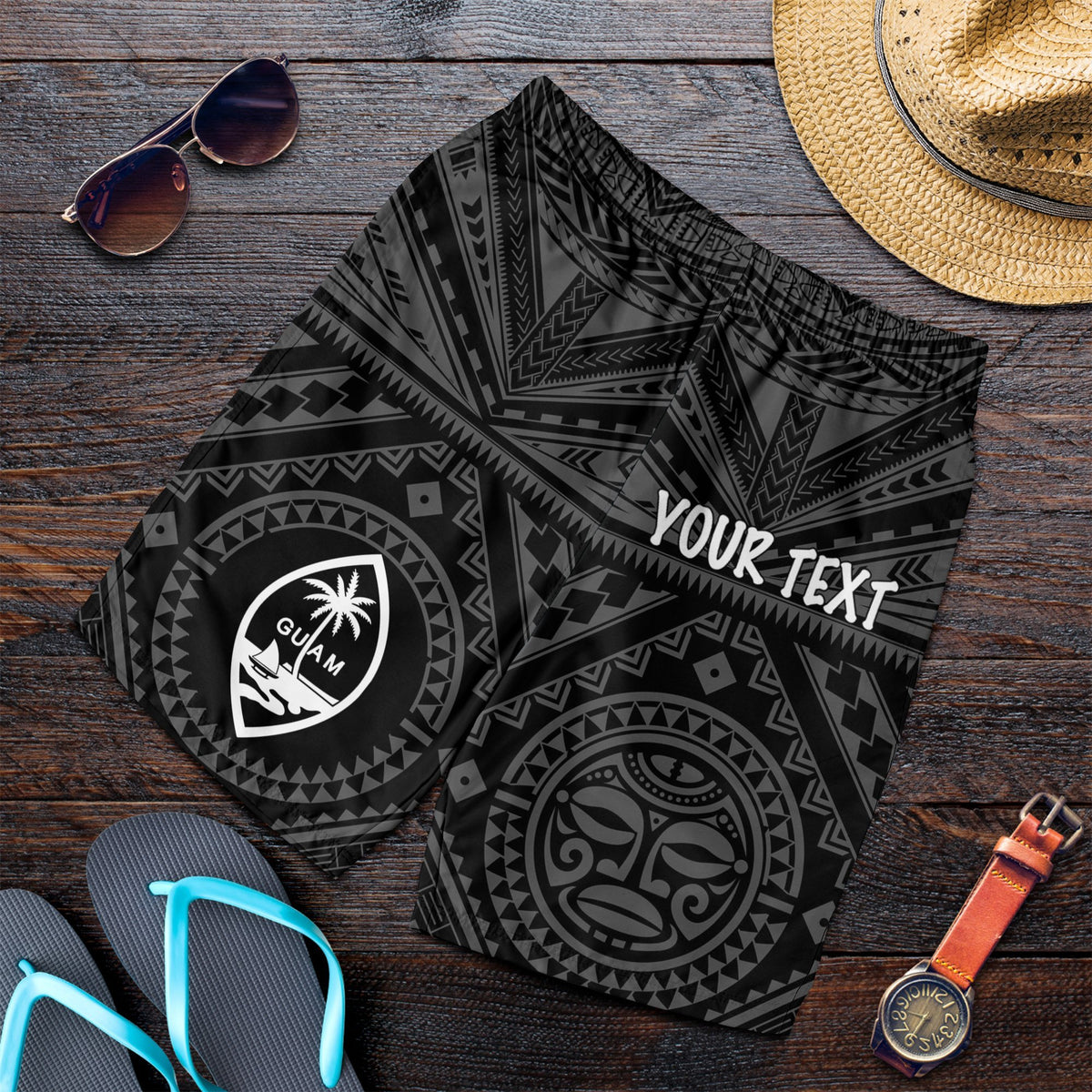 Guam Personalised Men's Short - Guam Seal With Polynesian Tattoo Style (Black) - Polynesian Pride