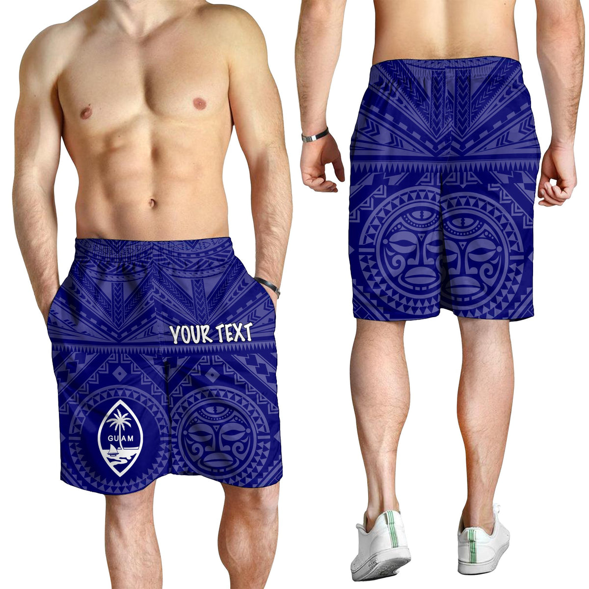 Guam Personalised Men's Short - Guam Seal With Polynesian Tattoo Style (Blue) - Polynesian Pride