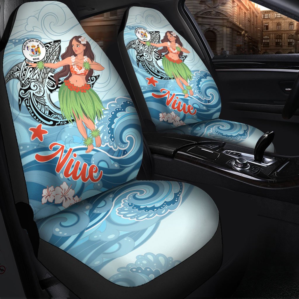 Niue Car Seat Cover - Polynesian Girls With Shark Universal Fit Red - Polynesian Pride