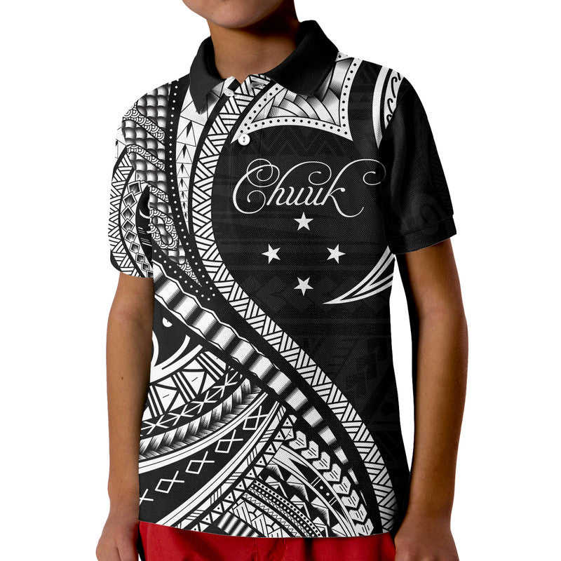 Chuuk Polo Shirt Federated States of Micronesia Black Wave Style LT9 Kid Black - Polynesian Pride
