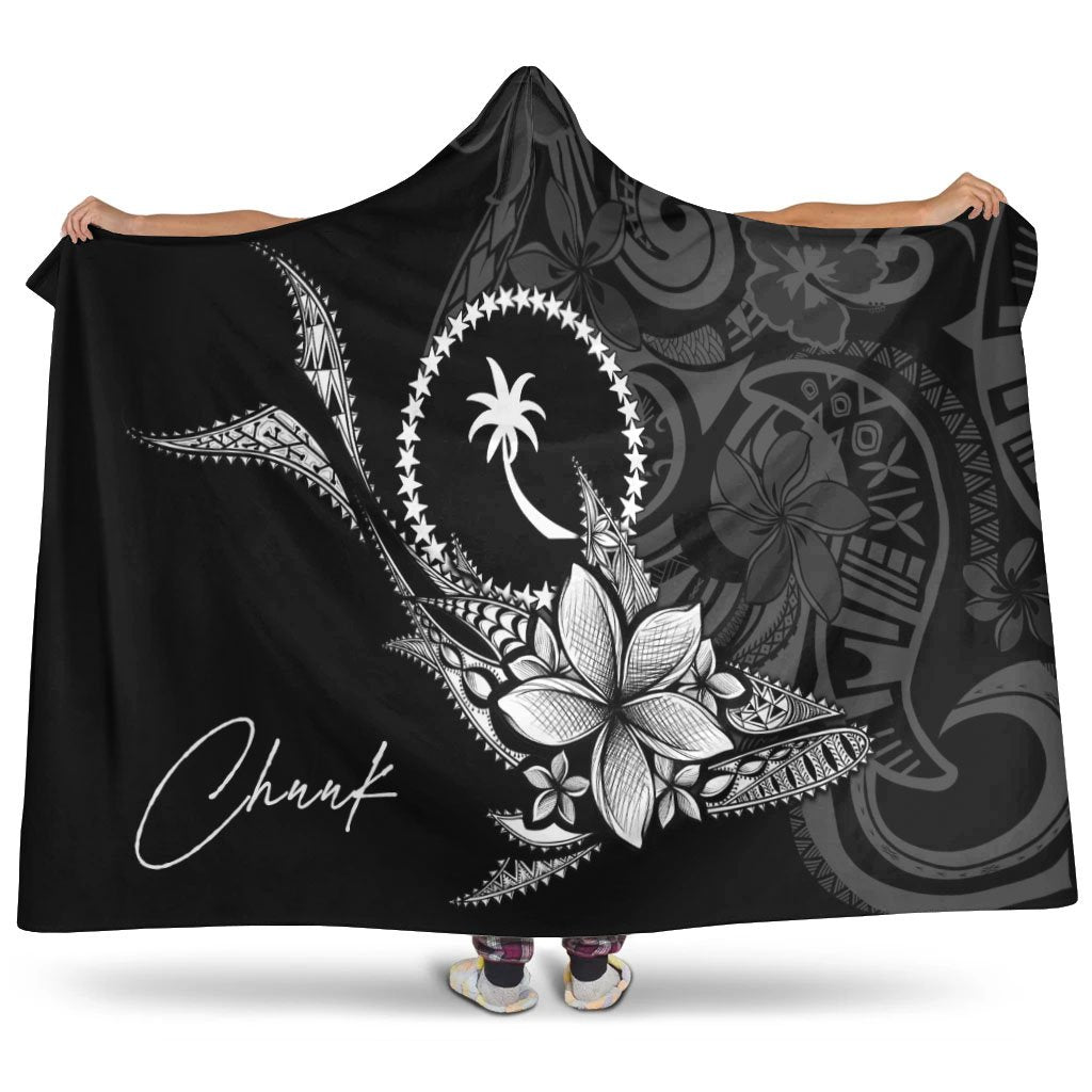 Chuuk State Hooded Blanket - Fish With Plumeria Flowers Style Hooded Blanket Black - Polynesian Pride