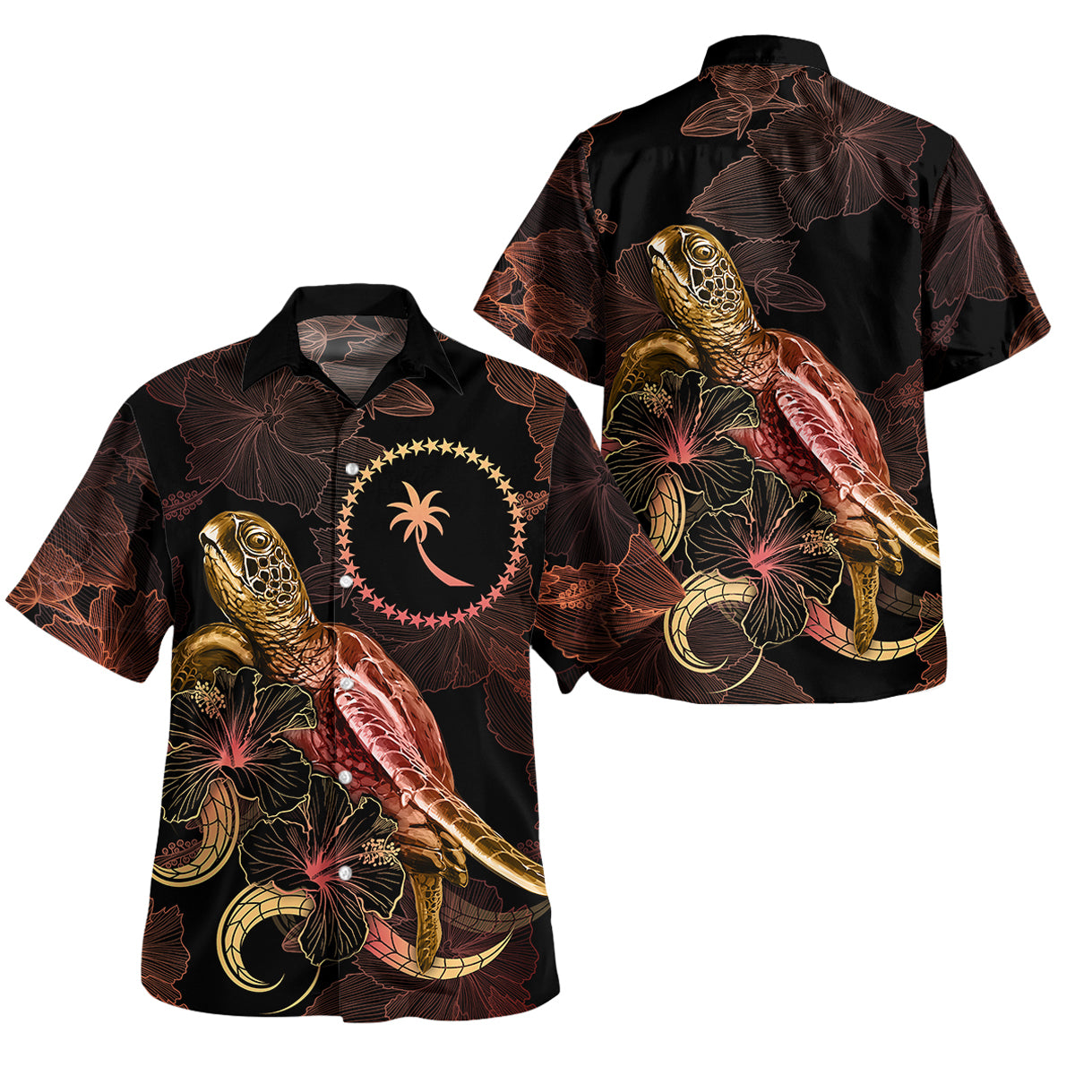 Chuuk Short Sleeve Shirt - Custom Chuuk Pride With Polynesian Turtle Blooming Hibiscus Gold Unisex Gold - Polynesian Pride
