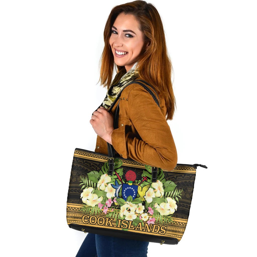 Cook Islands Leather Tote - Polynesian Gold Patterns Collection Black - Polynesian Pride
