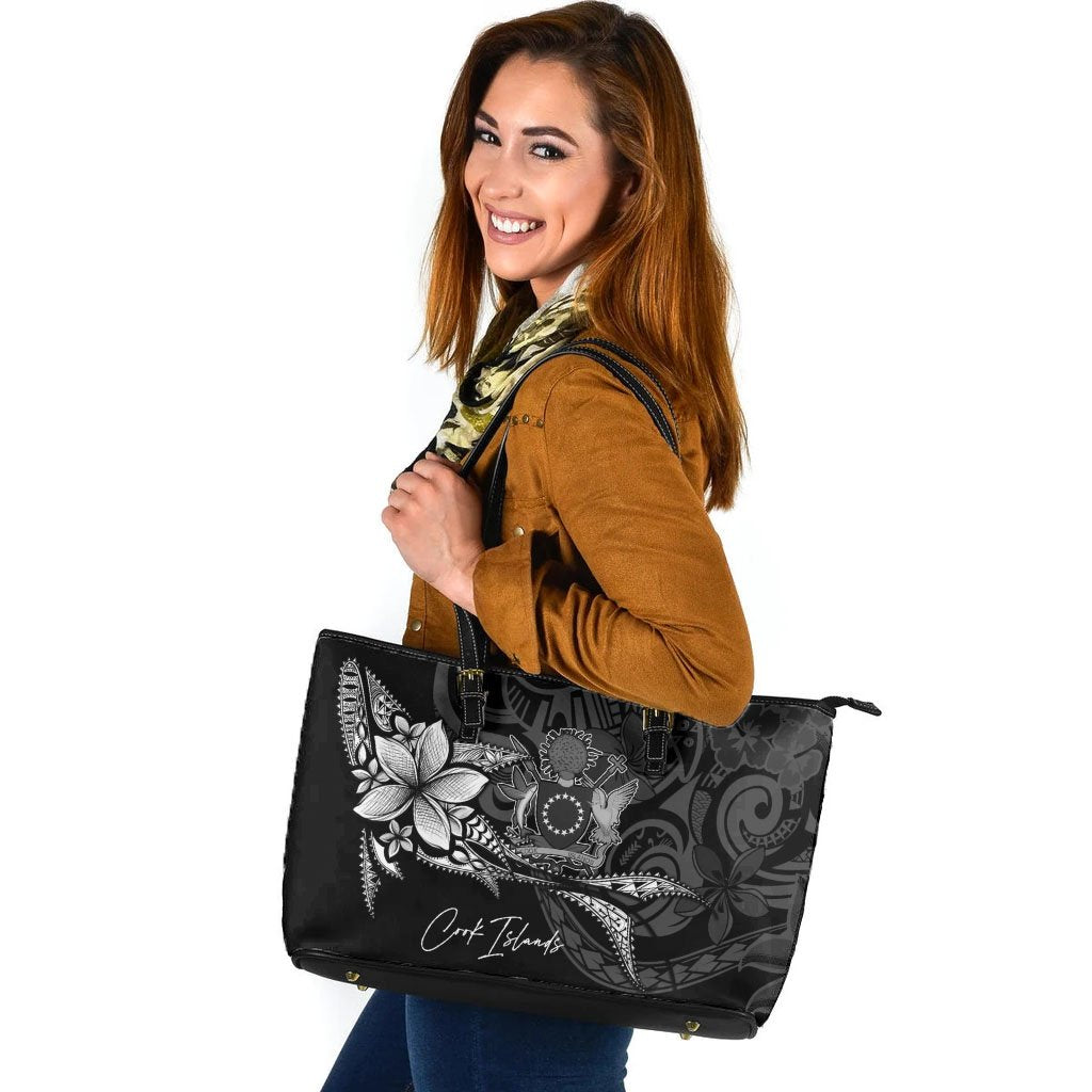 Cook Islands Leather Tote - Fish With Plumeria Flowers Style Black - Polynesian Pride