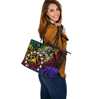 Cook Islands Large Leather Tote Bag - Rainbow Polynesian Pattern - Polynesian Pride