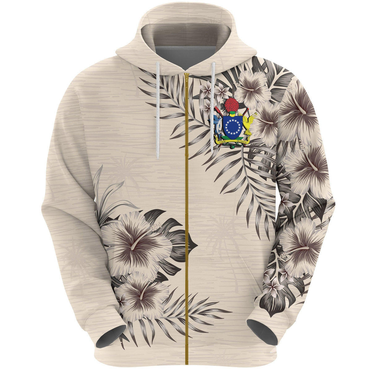 Cook Islands Zip Hoodie The Beige Hibiscus Unisex Black - Polynesian Pride