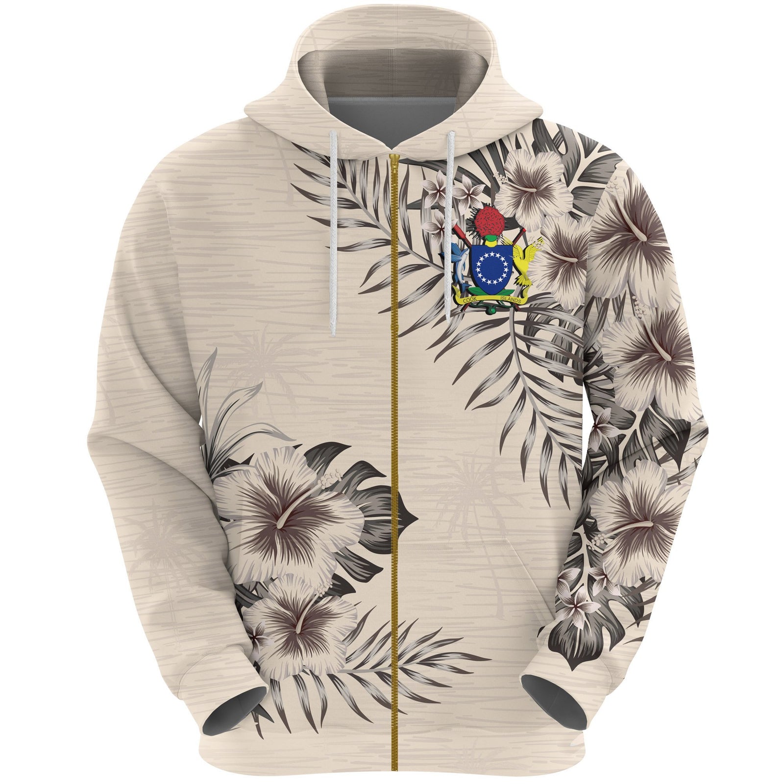 Cook Islands Zip Hoodie The Beige Hibiscus Unisex Black - Polynesian Pride