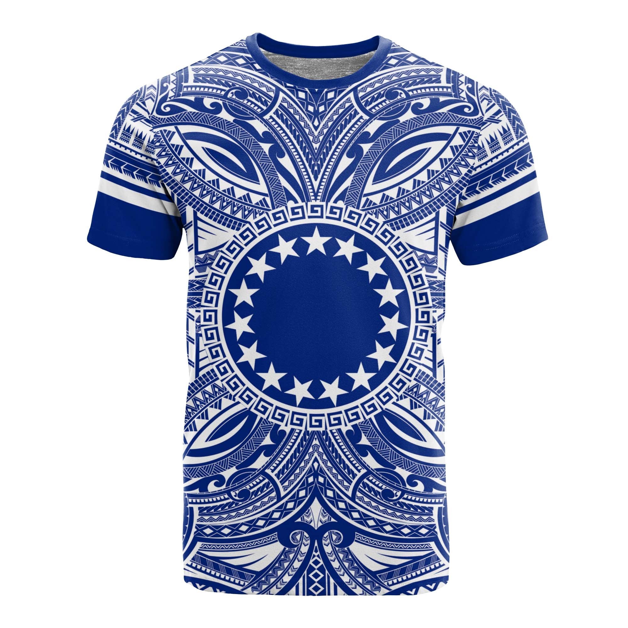 Cook Islands T Shirt Polynesian Coat of Arms Polynesian Flag Color Unisex Blue - Polynesian Pride
