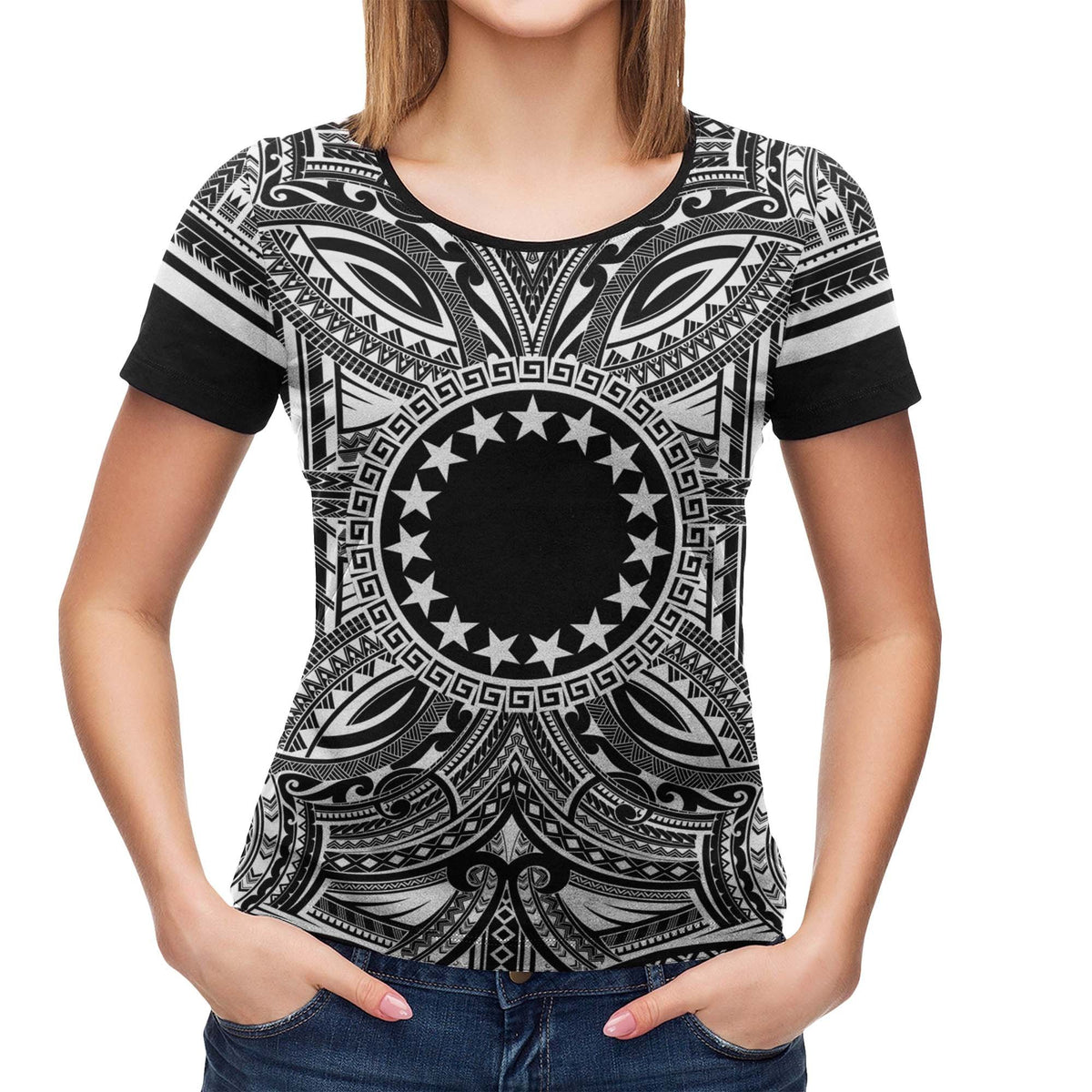 Cook Islands T Shirt Polynesian Coat of Arms Polynesian White Black - Polynesian Pride