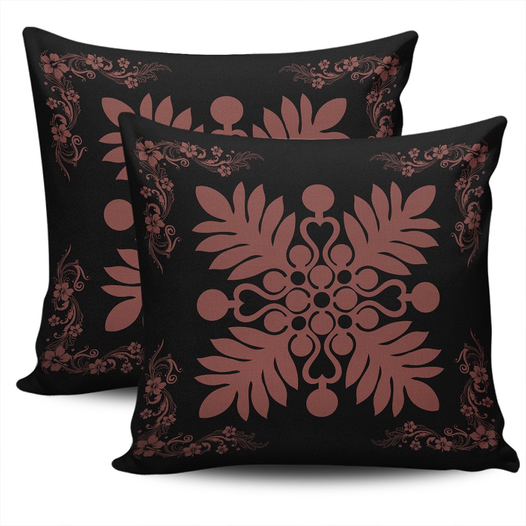 Hawaiian Quilt Maui Plant And Hibiscus Pattern Pillow Covers - Coral Black - AH - Polynesian Pride
