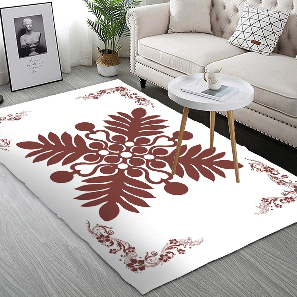 Hawaiian Quilt Maui Plant And Hibiscus Pattern Area Rug - Coral White - AH - Polynesian Pride