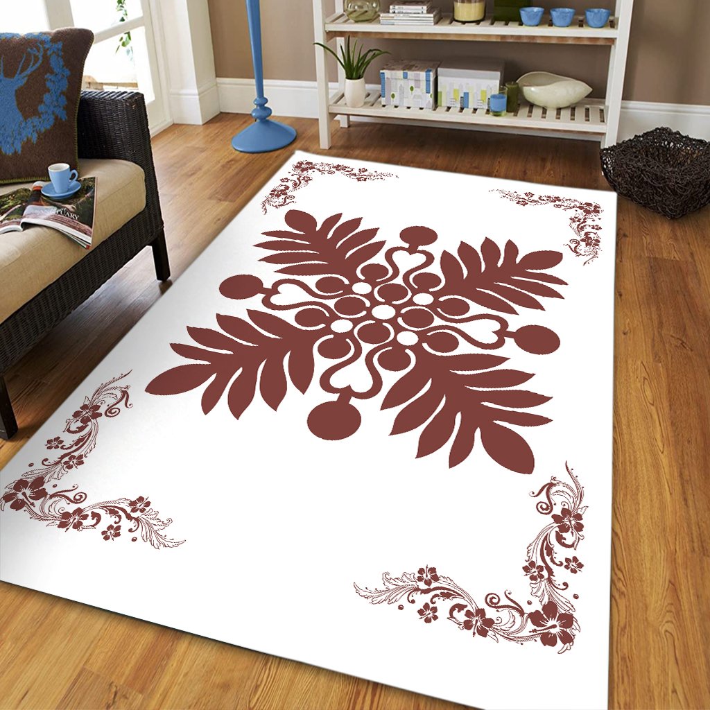 Hawaiian Quilt Maui Plant And Hibiscus Pattern Area Rug - Coral White - AH - Polynesian Pride