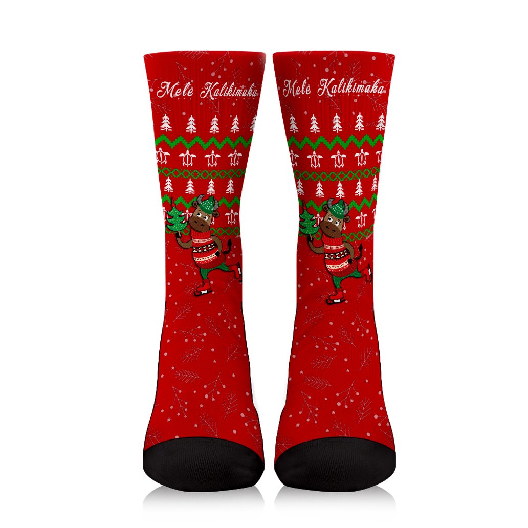 Hawaiian Turtle Christmas Crew Socks - Red - Felix Style - AH - Polynesian Pride
