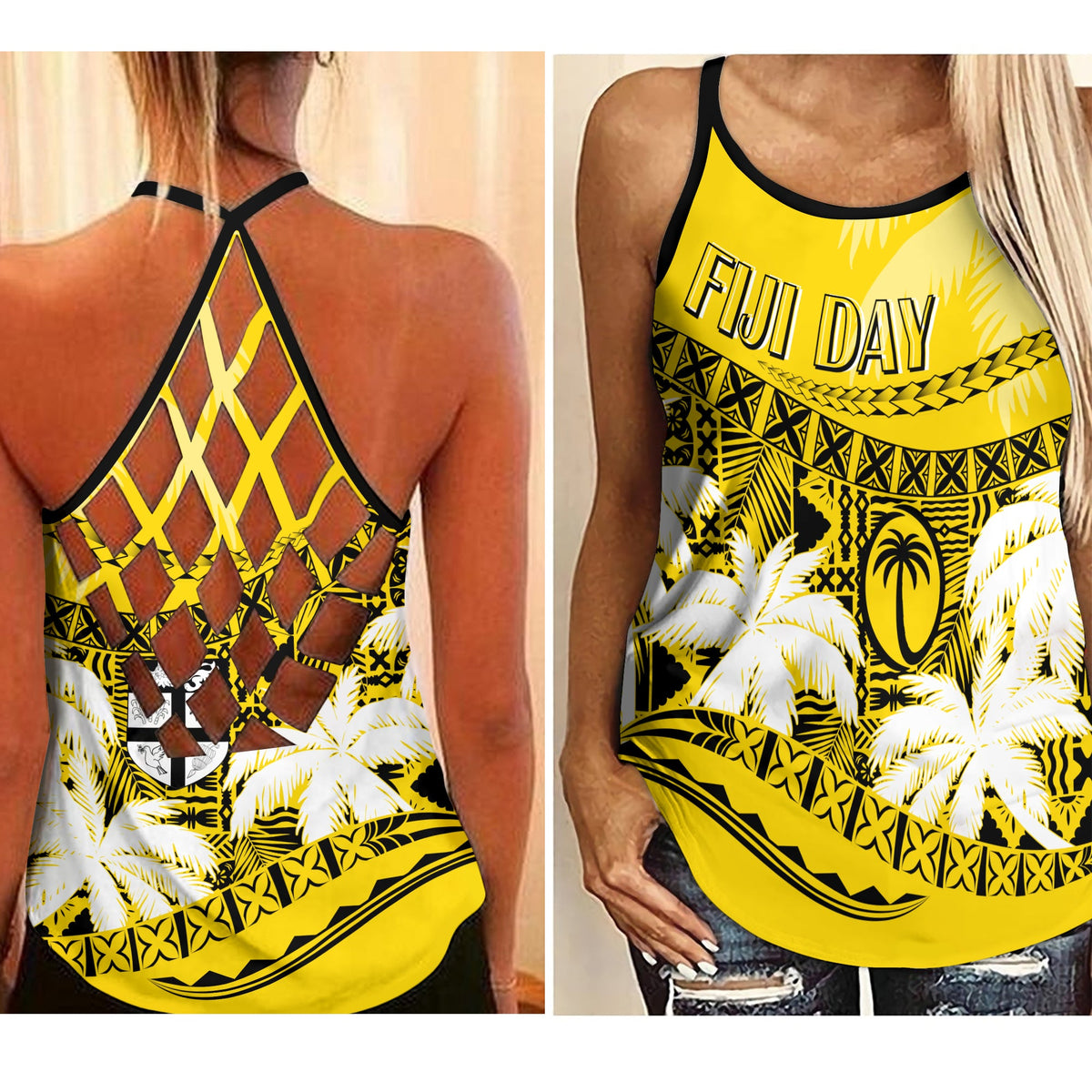 Fiji Day Criss Cross Tank Flying Fijians Masi Kesa Style - Gold LT7 Female Gold - Polynesian Pride
