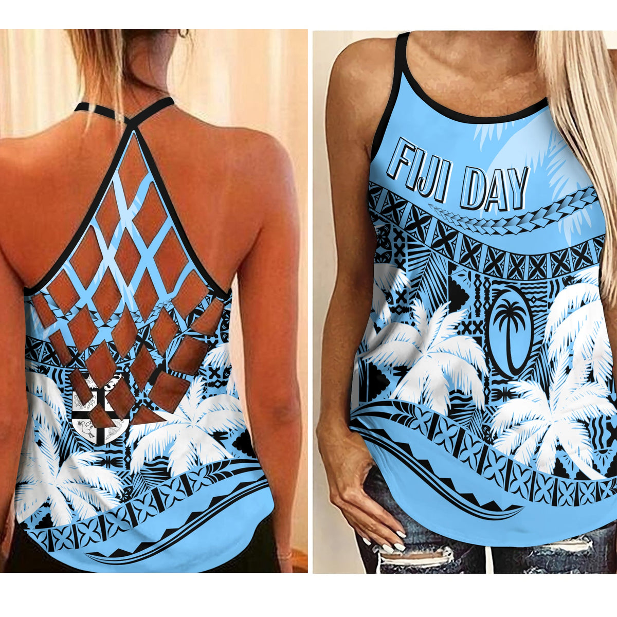Fiji Day Criss Cross Tank Flying Fijians Masi Kesa Style - Turquoise LT7 Female Turquoise - Polynesian Pride