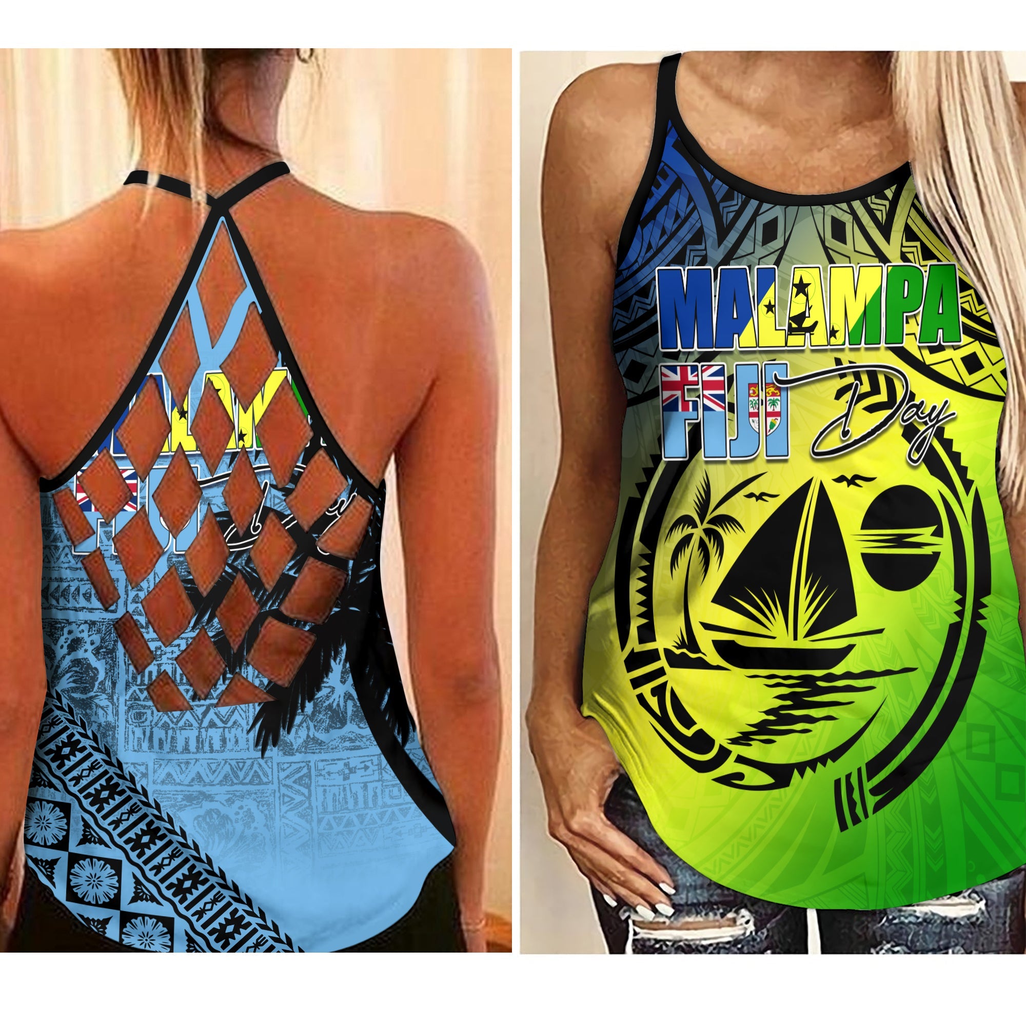 Malampa Fiji Day Criss Cross Tank Flags Mix Style LT7 Female Art - Polynesian Pride