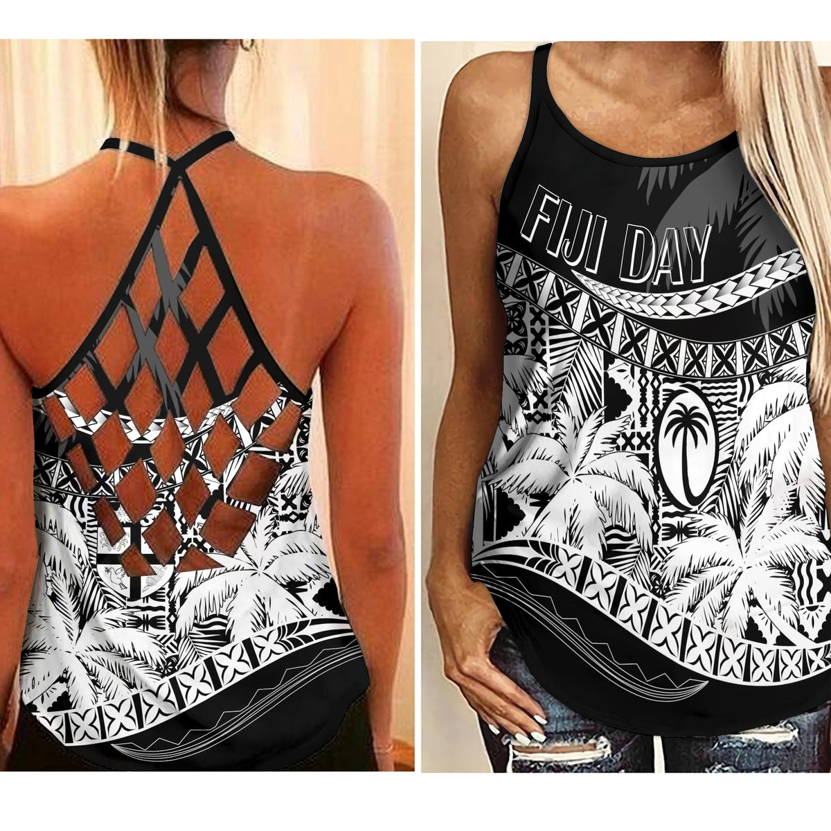 Fiji Day Criss Cross Tank Flying Fijians Masi Kesa Style - Black LT7 Female Black - Polynesian Pride
