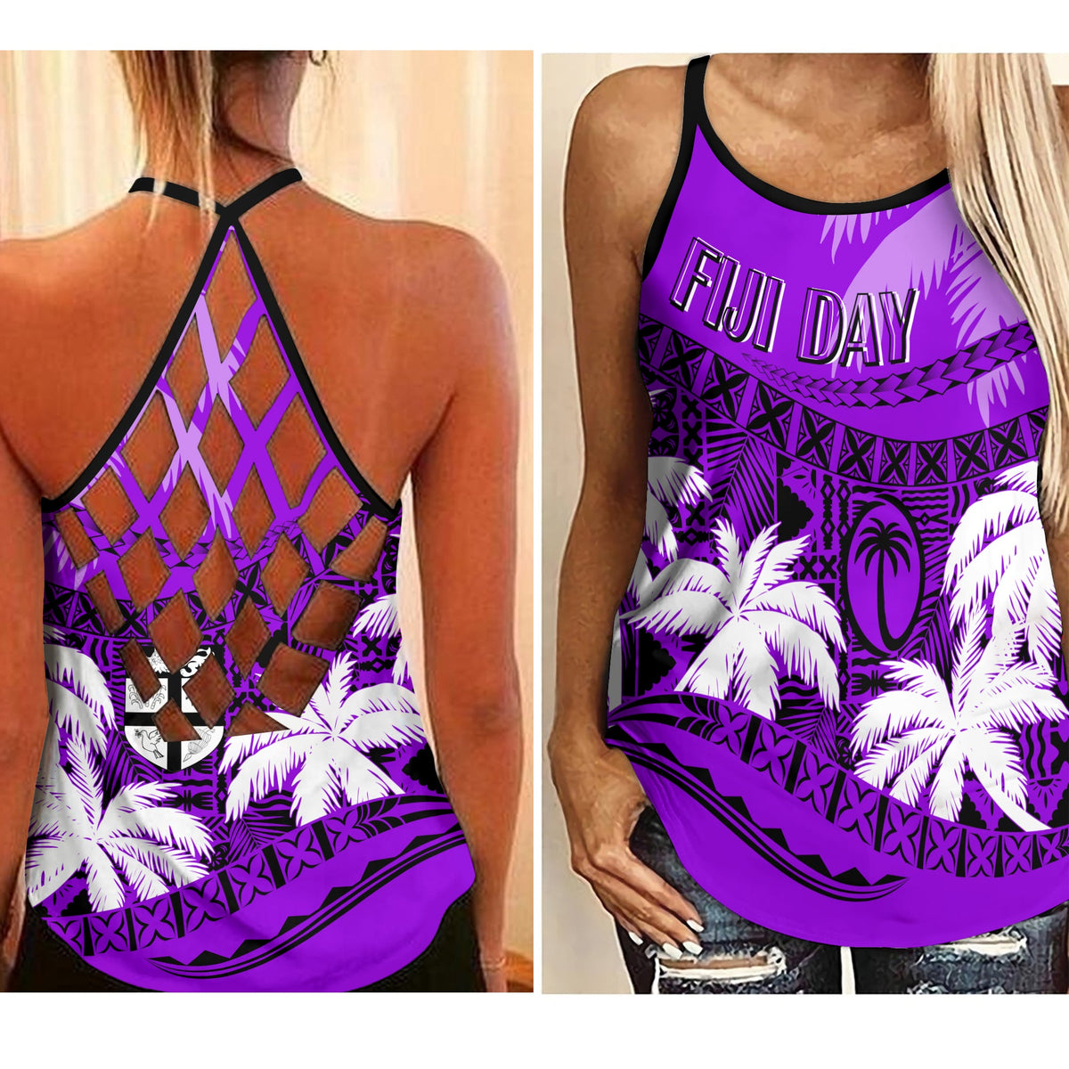 Fiji Day Criss Cross Tank Flying Fijians Masi Kesa Style - Violet LT7 Female Violet - Polynesian Pride