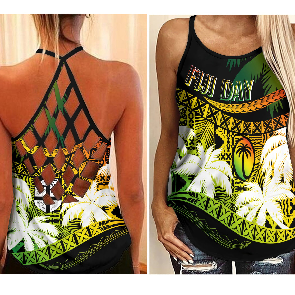 Fiji Day Criss Cross Tank Flying Fijians Masi Kesa Style - Reggae LT7 Female Reggae - Polynesian Pride