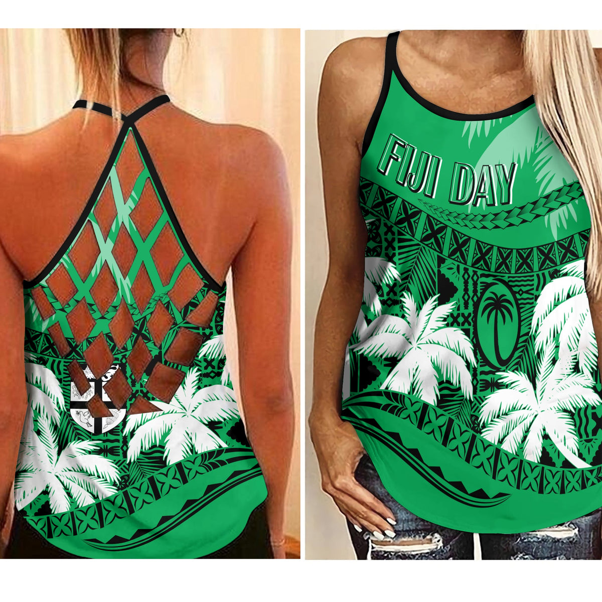 Fiji Day Criss Cross Tank Flying Fijians Masi Kesa Style - Green LT7 Female Green - Polynesian Pride