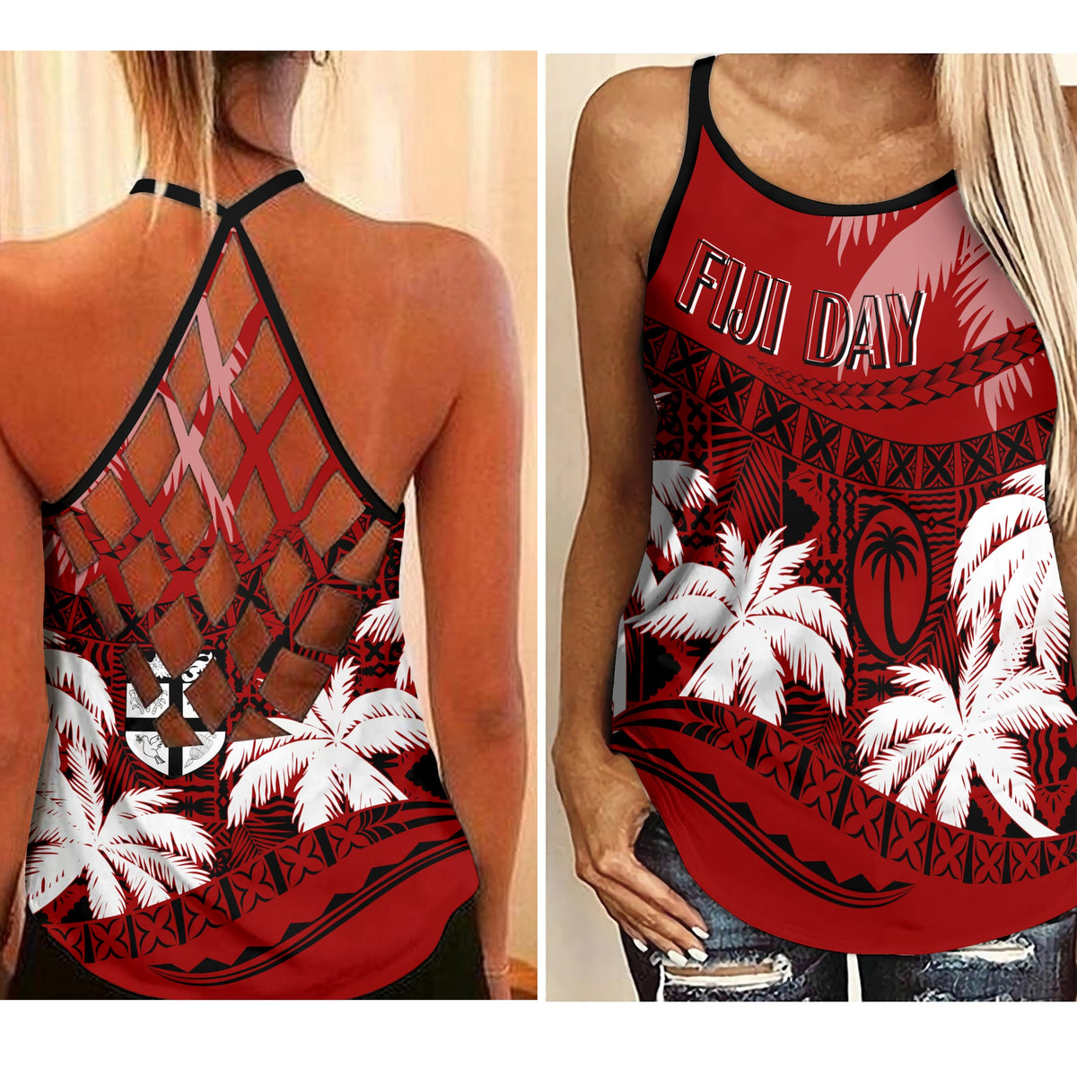 Fiji Day Criss Cross Tank Flying Fijians Masi Kesa Style - Red LT7 Female Red - Polynesian Pride