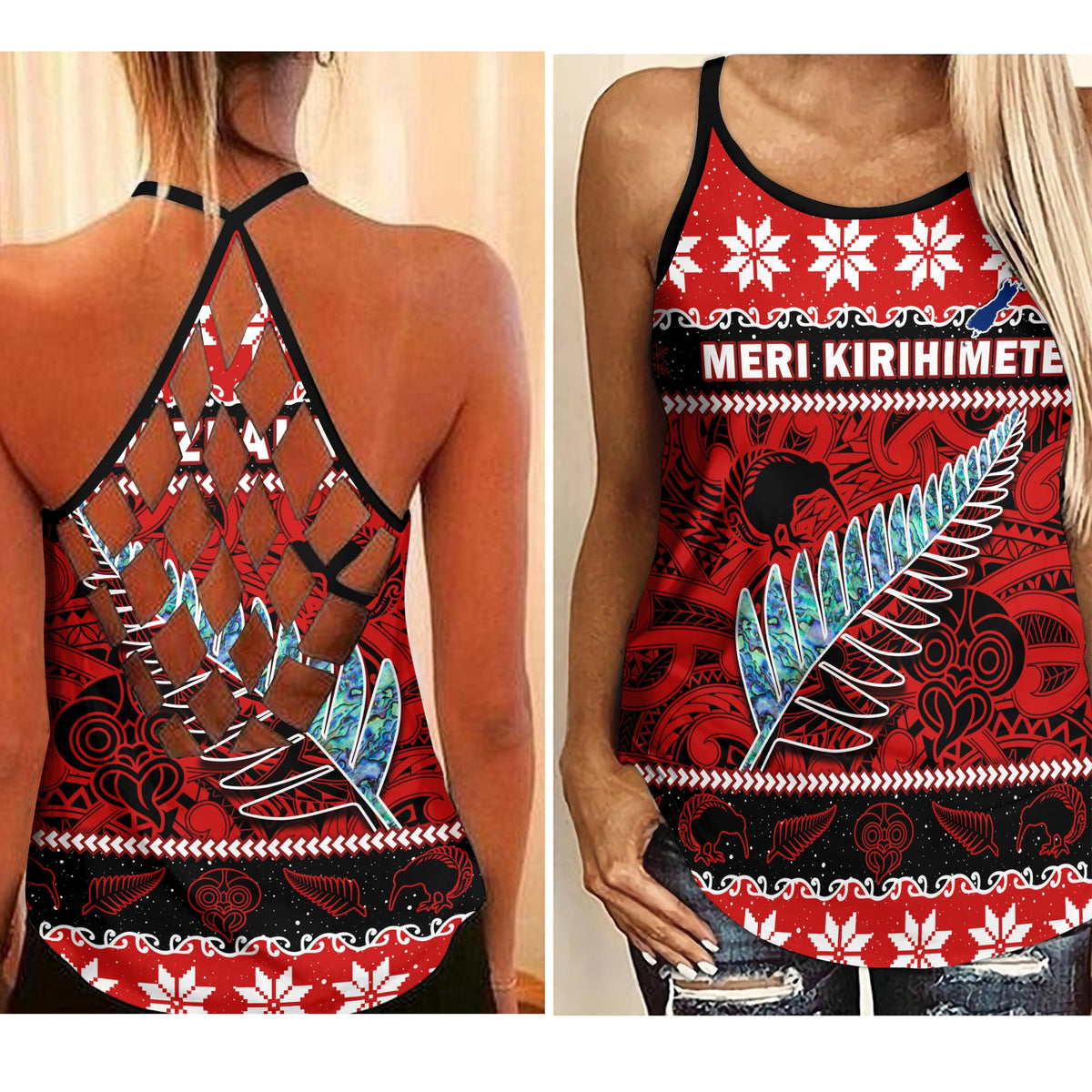 New Zealand Christmas Criss Cross Tank Top Paua Shell Silver Fern Meri Kirihimete LT14 Female Red - Polynesian Pride