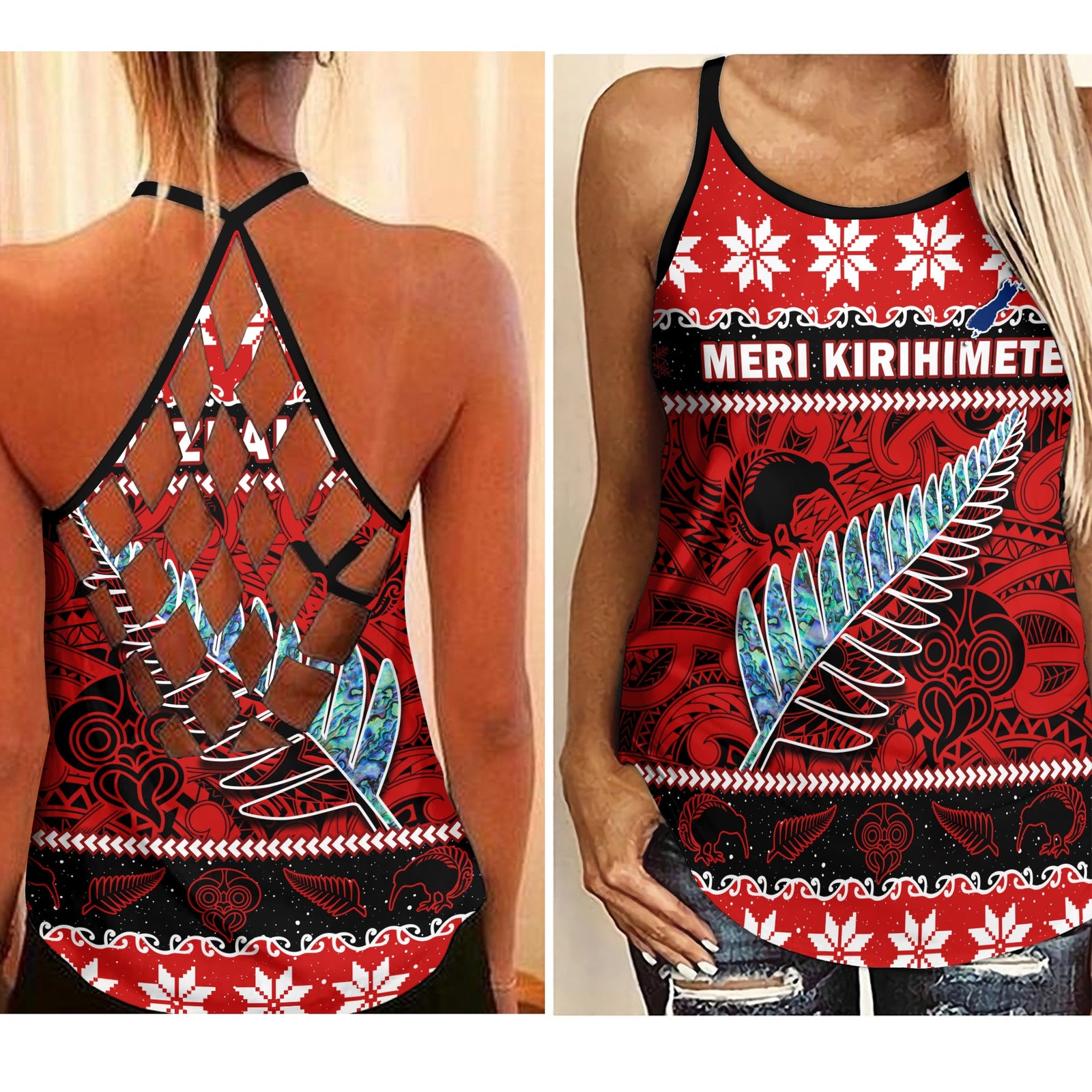 New Zealand Christmas Criss Cross Tank Top Paua Shell Silver Fern Meri Kirihimete LT14 Female Red - Polynesian Pride